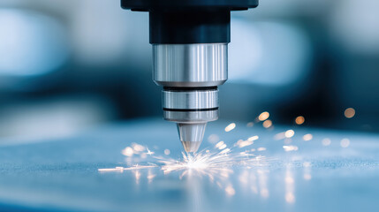 Laser cutting machine with sparks flying during metal fabrication process