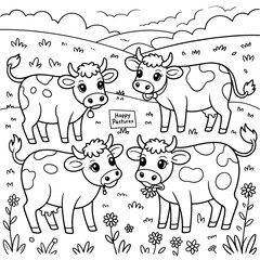 Delightful Cow Cartoon Illustration with Happy Pastures Scene and Detailed Line Art on Transparent Backdrop