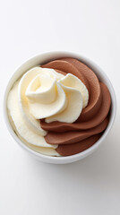Soft serve ice cream swirl in cup with chocolate and vanilla flavor delight
