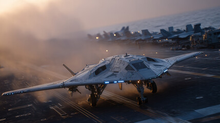 Side-angle of UAV taking off from deck during early morning, mist and sea spray around carrier, detailed drone design, futuristic naval operation emphasized