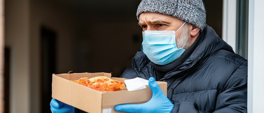 Delivery of fresh pizza in winter by masked man wearing gloves at doorstep during pandemic time - Powered by Adobe