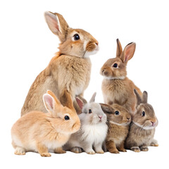Obraz premium Domestic Rabbits: Adult and Young Bunnies Grouped on White on transparent background