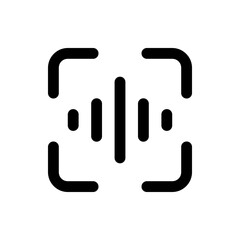 Black and white graphic of a square bracket like shape with vertical lines inside the bracket shape design