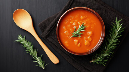 Tomato soup with rosemary garnish and wooden spoon on black cloth and table