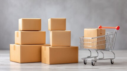 Stacked Cardboard Boxes and Shopping Cart on a Table with Gray Textured Background and Studio Lighting