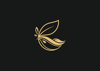 Luxury golden leaf logo on black background, symbolizing nature, elegance, and premium organic branding.