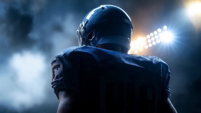 Backlit football player squares up beneath roaring floodlights, shoulder pads and helmet silhouetted in atmospheric haze&mdash;made for game openers, training montages, and sports brands that sell grit