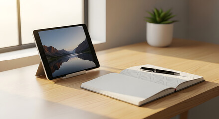 Modern desk setup with tablet displaying serene landscape and open notebook ready for creative ideas