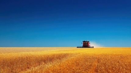Combine harvester working in a golden wheat field under a clear blue sky during harvest season