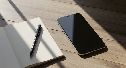 Modern smartphone and open notebook with pen resting on a wooden desk bathed in soft natural light, perfect for productivity concepts