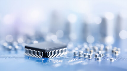 Close up of microchip on blue circuit board with electronic components