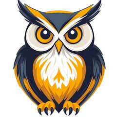 Fototapeta premium Cartoonish owl with blue and yellow colors and large round eyes Keywords: owl, bird, photo