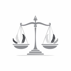 Scales of justice with feathers representing weight and balance on white