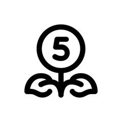 Illustration of a plant with leaves and a circular flower containing the number five in the center area