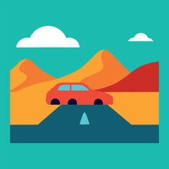 minimal colorful vector of car driving on open road with mountains background
