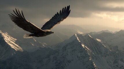 Fototapeta premium Majestic eagle soaring above snow-covered mountains during sunset over breathtaking landscape