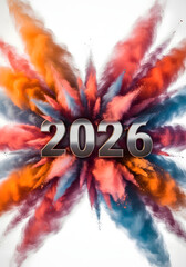 Colorful holi powder explosion with 2026 in the center isolated on white background