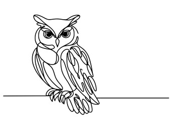 Fototapeta premium Wisdom in a Single Line, A continuous line drawing of an owl perched with expressive eyes and feather details.