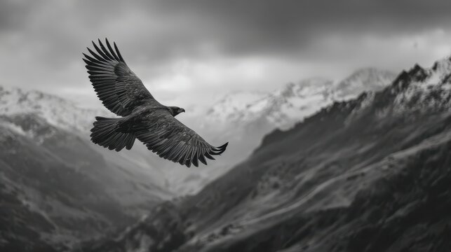 Majestic eagle soaring over snow-capped mountains during a cloudy afternoon
