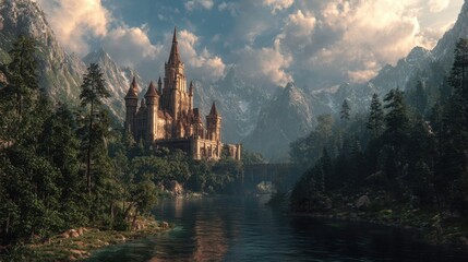 Majestic castle surrounded by mountains and forest near a serene river during sunset
