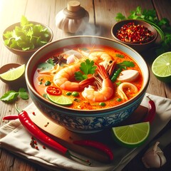 Steaming shrimp soup in ornate bowl, with chili and lime on wooden table