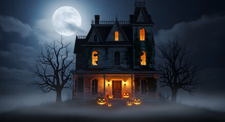 Spooky haunted mansion glows with eerie jack o'lanterns and a full moon on a foggy Halloween night