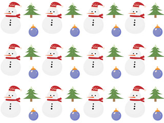 Vector pattern wallpaper snowman, Christmas tree and Christmas lights decorations