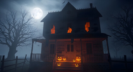 Spooky haunted house glows with jack-o'-lanterns under a full moon, perfect for Halloween celebrations and eerie storytelling.