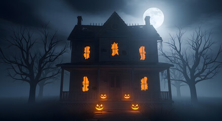 Spooky abandoned haunted house glows with eerie jack o lanterns under a full moon, perfect for Halloween frights and chilling atmospheres