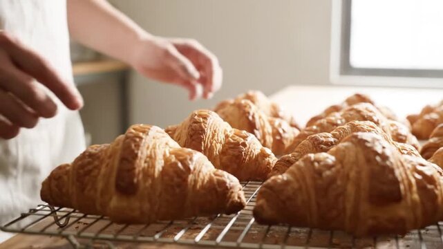 A baker's hands gently arrange golden brown freshly baked croissants on a cooling rack.