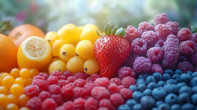 Close- Up of Juicy Berries and Citrus Fruits with Soft photo Background strawberries raspberries