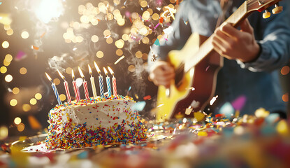 Man plays guitar near colorful birthday cake with candles, surrounded by festive confetti and lights, creating joyful atmosphere