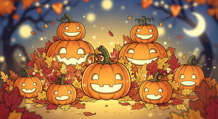 Whimsical Halloween pumpkins with glowing lights nestled amongst vibrant autumn leaves create a festive and magical scene for seasonal celebrations