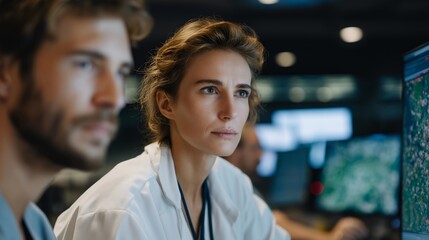 In a futuristic 911 coordination center, healthcare administrators view holographic population maps that forecast patient surges and dynamically adjust medical staffing levels across the region.
