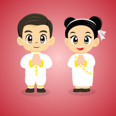 Characters of a boy and girl in Chinese clothing in a bowing pay respect pose cartoon illustration design for chinese new year