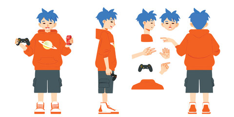 Youthful Gamer Character Vector Illustration with Multiple Poses and Expressive Emotions