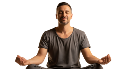 Man in gray shirt meditating with closed eyes on a black background video 4k