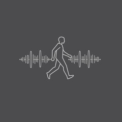 A minimalist outline depicts a person walking through sound wave patterns.