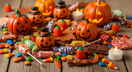Delightful Halloween candy spread featuring glowing jack-o'-lanterns, colorful sweets, and festive treats on rustic wood perfect for spooky celebrations.