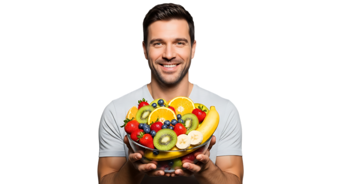 Smiling man holding a bowl filled with various colorful fruits close up video 4k - Powered by Adobe
