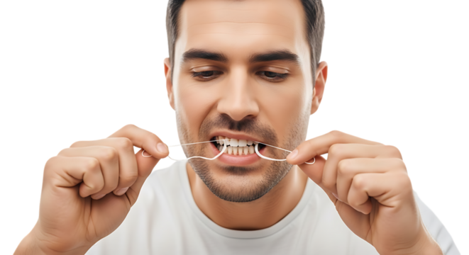 A man using dental floss to clean his teeth in a close up studio shot video 4k