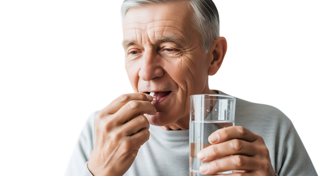 Elderly man taking a pill with a glass of water in his hand closeup video 4k