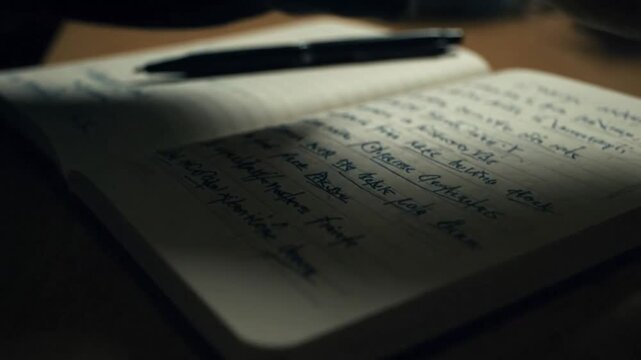 Open notebook with handwritten script and a pen resting on a wooden desk surface
