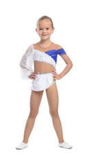 Cute little girl in gymnastics costume on white background