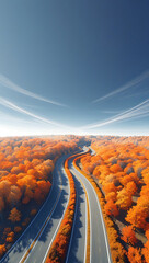 Winding Road Through Vibrant Autumn Forest - Aerial View, Clear Sky - AI Generated