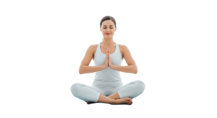 A woman in white outfit is meditating in lotus position on black background video 4k