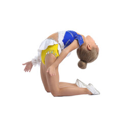 Little girl doing gymnastic exercise on white background