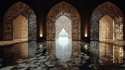 Fototapeta premium Beautiful architectural design with intricate patterns and water reflections inside a serene space