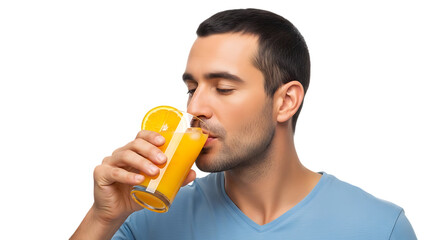 Fototapeta premium Man in blue shirt drinking orange juice from glass with orange slice video 4k