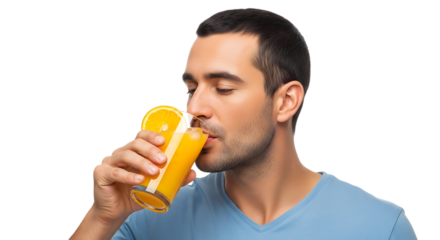 Man in blue shirt drinking orange juice from glass with orange slice video 4k